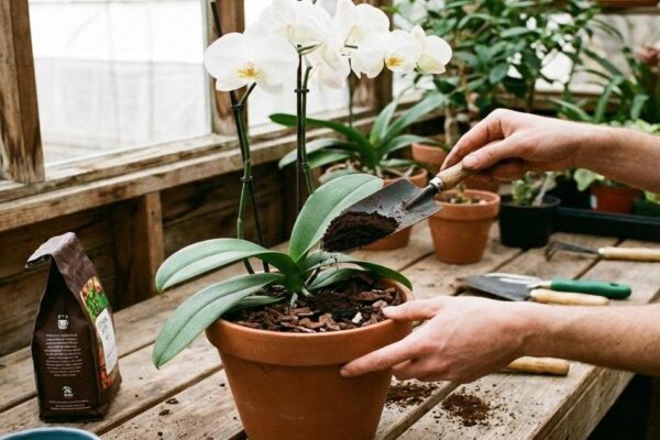 Borra de café em orquídeas