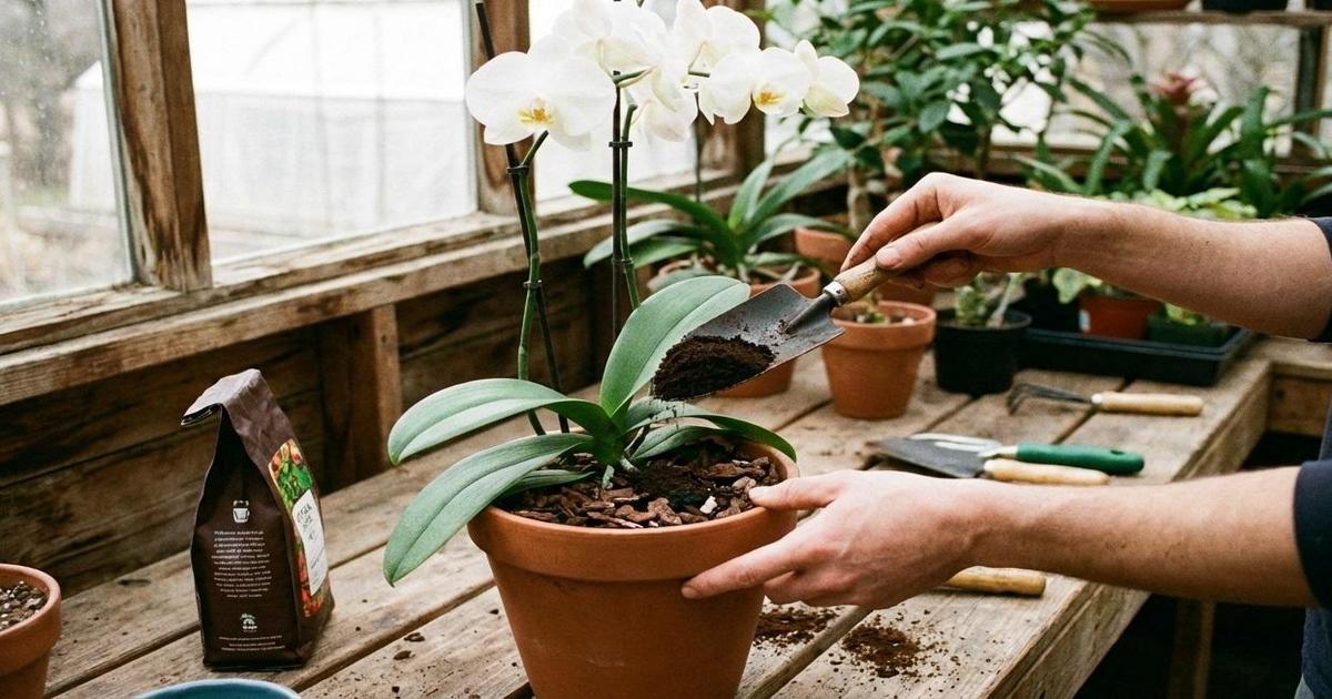 Borra de café em orquídeas
