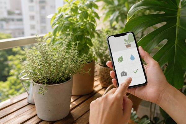 Pessoa usando aplicativo de cuidados com plantas em uma varanda com vasos