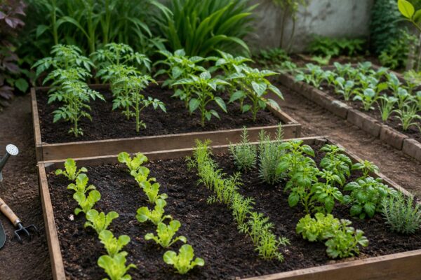 Canteiros de horta doméstica com mudas de alface, tomate, pimentão e ervas no início da primavera