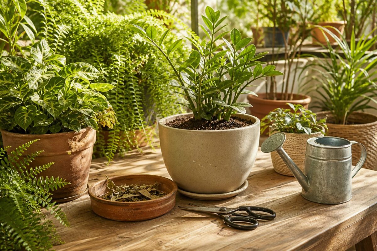 Vasos com plantas ornamentais, regador e tesoura de poda durante a preparação para a primavera