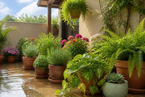 Jardim doméstico com vasos e folhas molhadas após uma chuva de setembro
