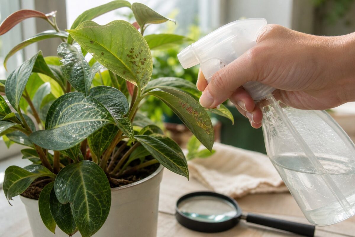Mão usando borrifador com água para remover pulgões de uma planta